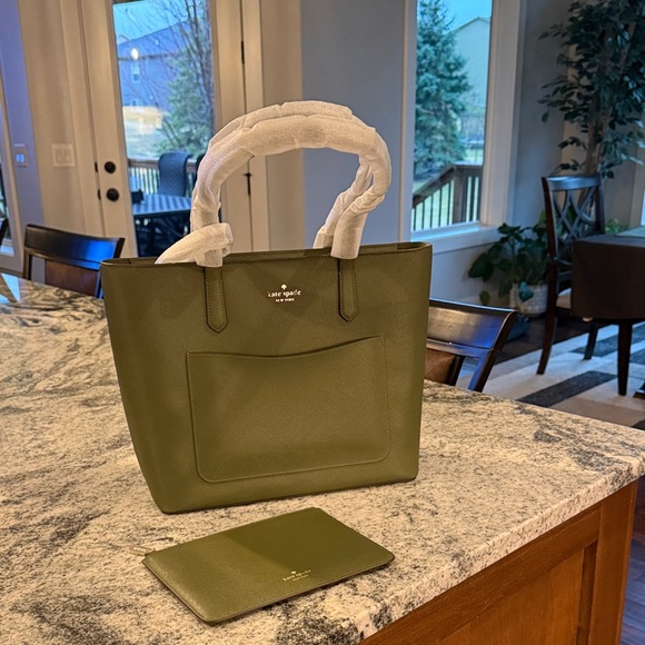 kate spade olive green tote with front zip pocket - Picture 3 of 6